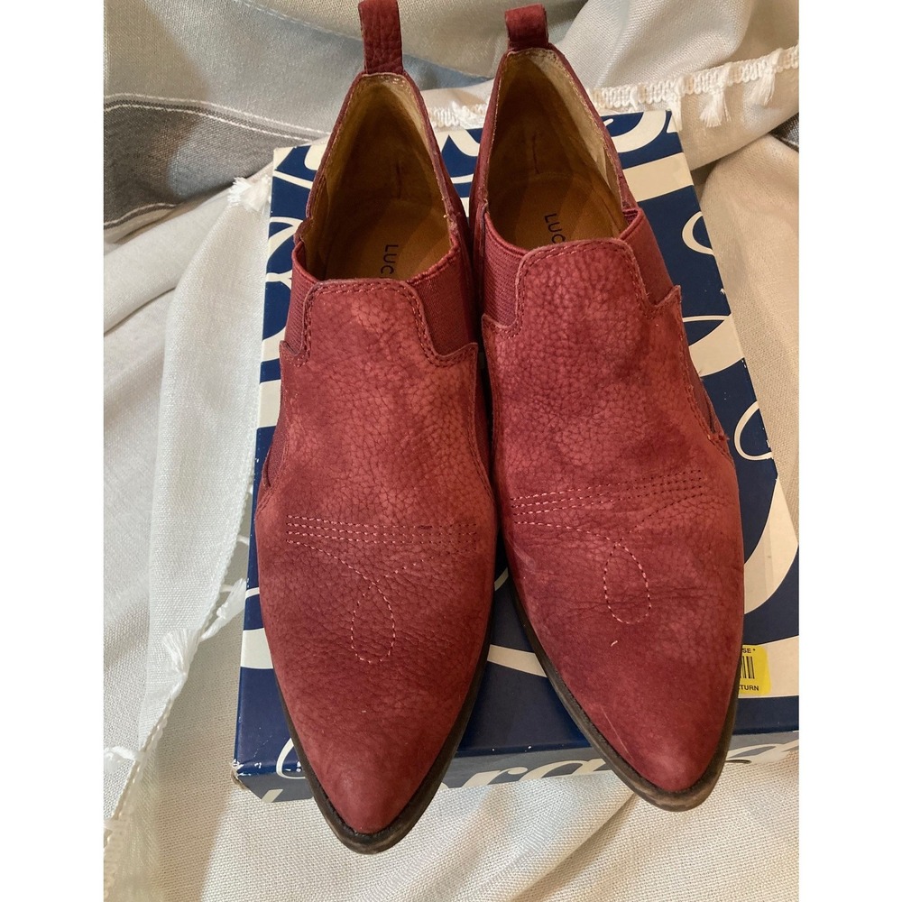 Lucky Brand Wine Nubuck Booties 7M Ankle Boots Western LK-Joelle Embossed Boho